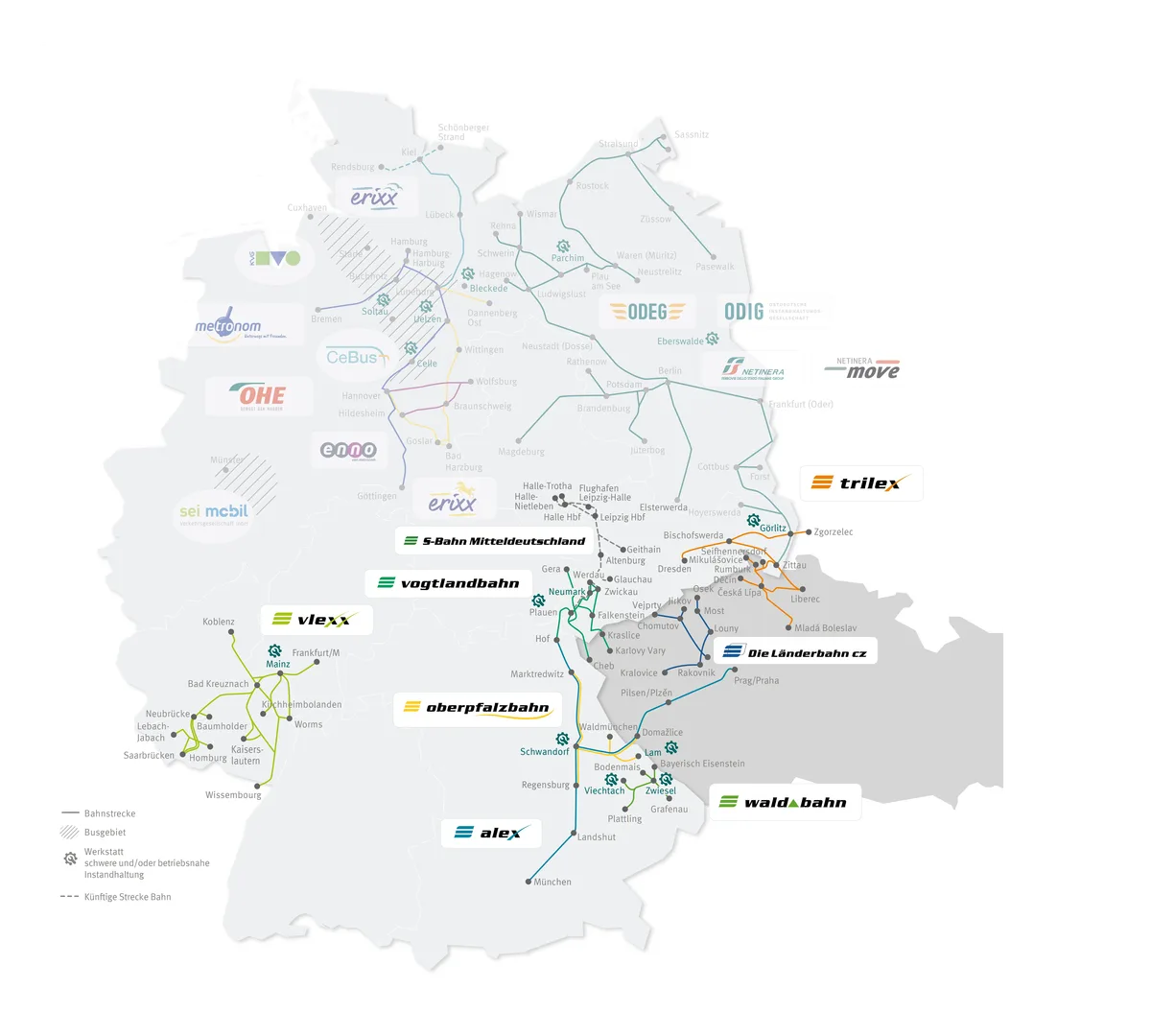 Mapa Německa s barevnými liniemi železničních spojů. Jsou označeny všechny dopravní společnosti, které patří do skupiny NETINERA.