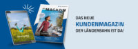 Die Grafik zeigt den Magazintitel mit einer Joggenden Frau im Frühling.  Im Bildausschnitt rechts unten ist ein Lokführer abgebildet. Links neben dem Kundenmagazin ist ein Tablet abgebildet. Darauf sieht man Beine die aus einer Wiese ragen und vor blauem Himmel in der Luft baumeln.
