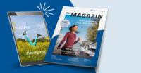 Die Grafik zeigt den Magazintitel mit einer Joggenden Frau im Frühling.  Im Bildausschnitt rechts unten ist ein Lokführer abgebildet. Links neben dem Kundenmagazin ist ein Tablet abgebildet. Darauf sieht man Beine die aus einer Wiese ragen und vor blauem Himmel in der Luft baumeln.