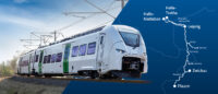 Auf diesem Bild sehen Sie den Siemens Mireo-Zug seitlich während der Fahrt. Recht im Bild ist das zukünftige Streckennetz abgebildet.