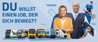 Sie sehen auf diesem Bild die fünf Züge, die von der Länderbahn betrieben werden; Waldbahn. Trilex, Alex, Oberpfalzbahn, Vogtlandbahn und S-Bahn Mitteldeutschland. Über den Fahrzeugen steht in großer blauer Schrift der Satz "Du willst einen Job, der dich bewegt?" Auf der rechten Seite des Bildes sind eine Frau, ein Mann in Arbeitskleidung sowie ein Mann beim Arbeiten abgebildet.