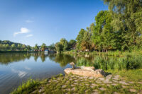 Blick auf den idyllischen Hammersee im Vordergrund ist die Skulptur einer schlafenden Nixe