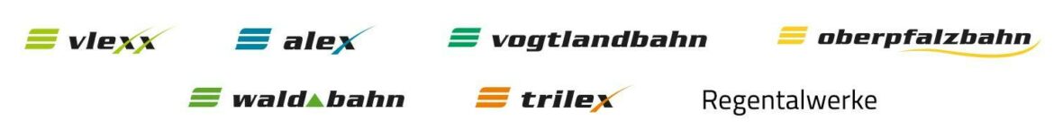 Auf einer weißen Fläche sind die Logos der Marken der Länderbahn abgebildet. Dies sind von links nach rechts gelesen: vlexx, alex, vogtlandbahn, oberpfalzbahn, waldbahn, trilex und Regentalwerke