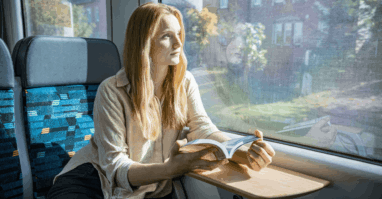 Eine Frau lest im Zug.