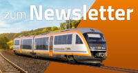 Die Grafik besteht aus zwei Teilen. Links ist ein fahrender trilex-Triebwagen abgebildet und rechts verschiedene Icons. Die Botschaft lautet:  "Fahrplanänderung? Unser Newsletter informiert!"