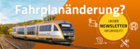 Die Grafik besteht aus zwei Teilen. Links ist ein fahrender trilex-Triebwagen abgebildet und rechts verschiedene Icons. Die Botschaft lautet:  "Fahrplanänderung? Unser Newsletter informiert!"