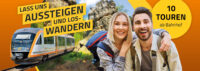 Die Grafik besteht aus drei Teilen mit der Botschaft: "Lass uns aussteigen und loswandern." Man sieht links den trilex-Triebwagen, in der Mitte Felsen des Zittauer Gebirges und rechts ein Pärchen in Wanderkleidung.