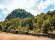 Aussichtswagen der Zittauer Schmalspurbahn am Berg Oybin