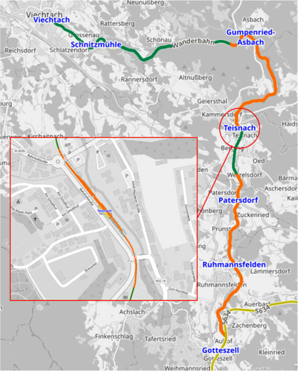 Der Lageplan der Länderbahn-Strecke Gotteszell-Viechtach. Die Bauabschnitte sind farbig markiert.