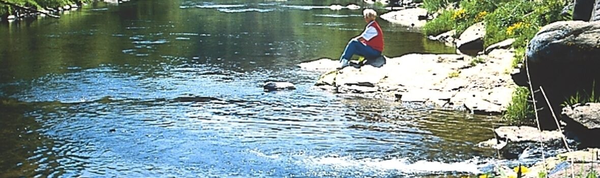 Person die am Ufer des schwarzen Regens in Bayerisch Kanada sitzt