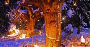 Schweinhütter Waldweihnacht Dekobaum mit Gesicht an der Schweinhütter Waldweihnacht