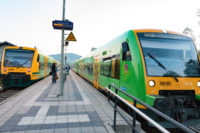 Zwei Waldbahn Züge warten am Bahnhof in Gotteszell