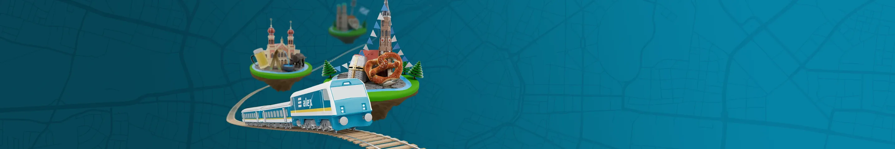 Illustration eines alex-Zugs, daneben Wahrzeichen und bayerische Elemente wie Brezel und Kirchturm.