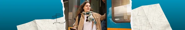 Person steigt an einem Bahnhof aus einem Zug und hält ein Smartphone in der Hand. Im Hintergrund sind stilisierte Karten- und Routen-Elemente dargestellt, die auf eine Reise oder einen Städtetrip hinweisen.