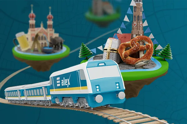 Grafik mit alex-Zug auf Schienen, daneben Sehenswürdigkeiten und bayerische Symbole wie Brezel und Bierkrug.