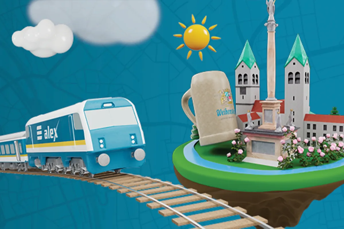 Grafik mit alex-Zug auf Gleisen, Bierkrug, Mariensäule und Kirchen auf blauem Hintergrund.