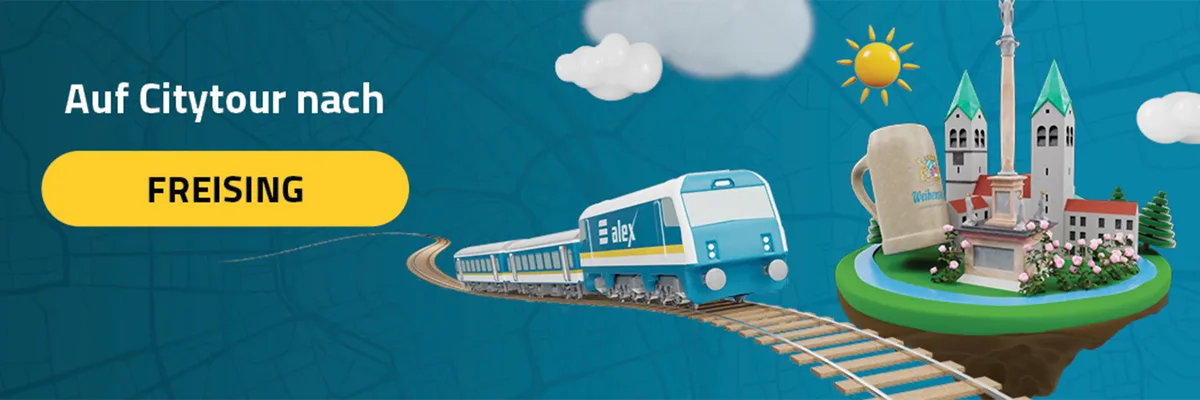 Grafik mit alex-Zug auf Gleisen, gelbem Button ‚FREISING‘, Sehenswürdigkeiten wie Mariensäule, Kirchen und Bierkrug, blauer Hintergrund mit Sonne und Wolken.