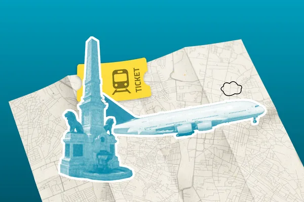 Grafische Darstellung eines Stadtplans mit Sehenswürdigkeit und gelbem Zugticket. Ein Flugzeug ist als Symbol für Mobilität integriert und verweist auf die Nähe zum Flughafen.