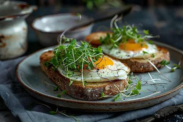 Nahaufnahme von zwei belegten Brotscheiben mit Spiegelei und frischen Kräutern auf einem Teller.