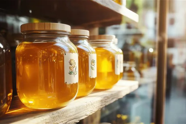 Nahaufnahme von mehreren Honiggläsern mit goldgelbem Inhalt und Etiketten auf einem Holzregal, warmes Sonnenlicht im Hintergrund.