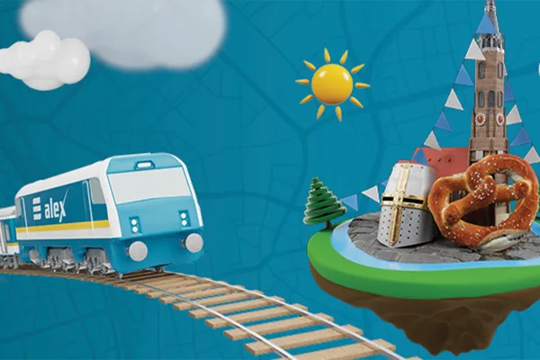 Illustration mit alex-Zug, Stadtturm, Ritterhelm und Brezel auf blauem Hintergrund.