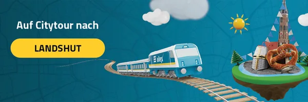 Grafik mit alex-Zug auf Gleisen, gelbem Button ‚LANDSHUT‘, Sehenswürdigkeiten wie Stadtturm, Ritterhelm und Brezel auf blauem Hintergrund.