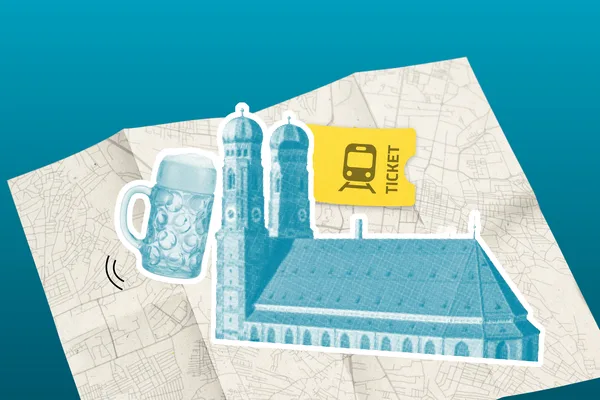 Grafische Darstellung der Münchner Frauenkirche sowie eines Bierkrugs. Ein Zugticket steht für die einfache Anreise, der Hintergrund zeigt eine stilisierte Stadtkarte.