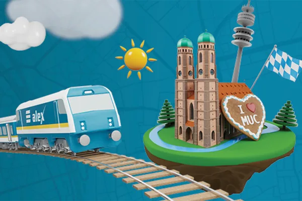 Illustration eines alex-Zugs auf Schienen, daneben Münchner Sehenswürdigkeiten: Frauenkirche, Olympiaturm, bayerische Flagge und Lebkuchenherz.