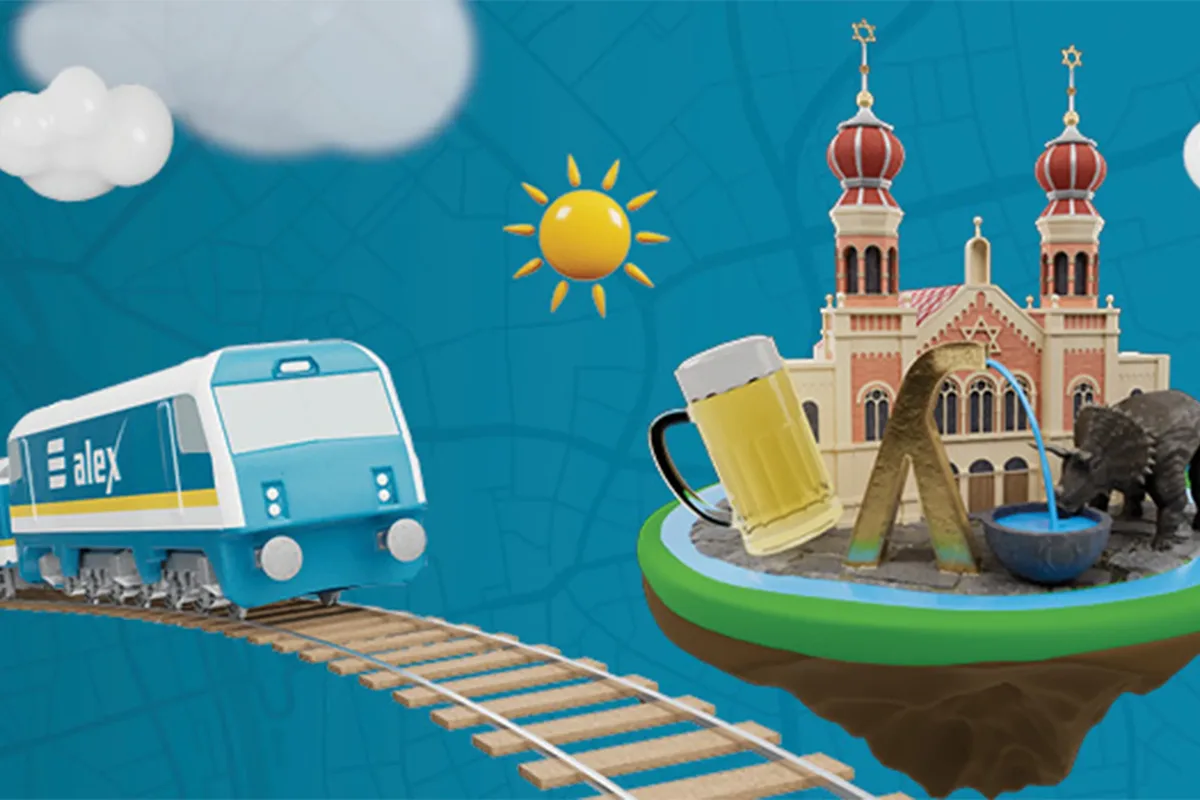 Grafik mit alex-Zug und Pilsener Sehenswürdigkeiten wie Synagoge, Bierkrug und Brunnen auf blauem Hintergrund.