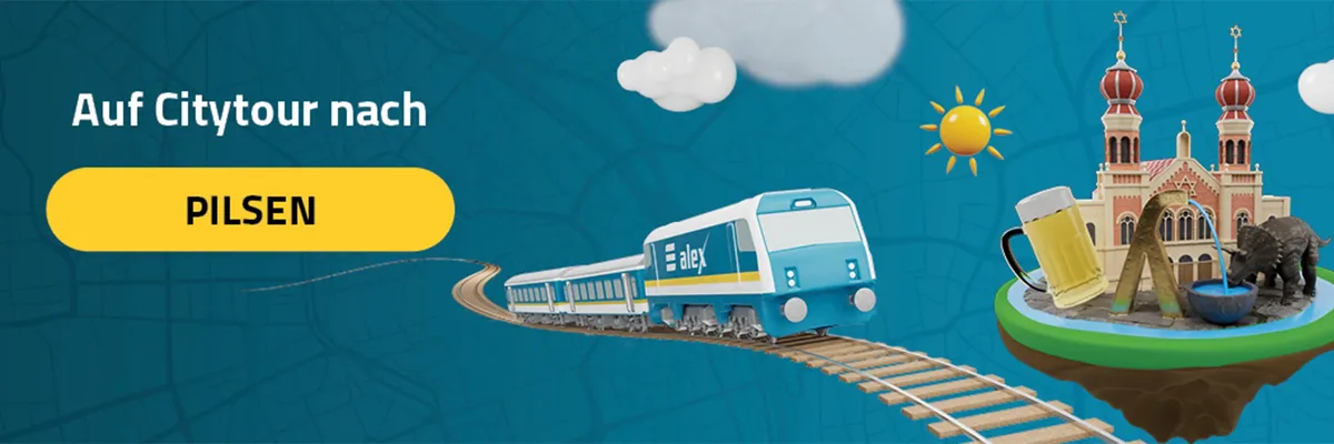 Grafik mit alex-Zug und Pilsener Sehenswürdigkeiten wie Synagoge, Bierkrug und Brunnen auf blauem Hintergrund.