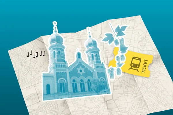 Illustration der Pilsner Synagoge, ergänzt durch Hopfenzweige als Symbol für Braukultur. Ein Zugticket verweist auf die Anreise per Bahn.