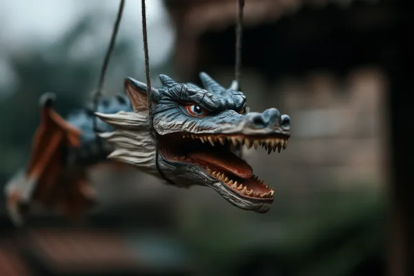 Detailaufnahme einer Drachenmarionette mit geöffnetem Maul und scharfen Zähnen.