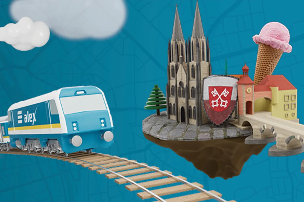 Grafik mit alex-Zug auf Gleisen, daneben Regensburger Wahrzeichen: Dom, Steinerne Brücke, Wappen und Eistüte.