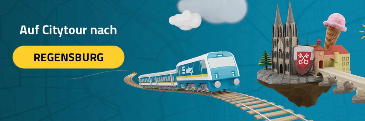 Grafik mit alex-Zug auf Gleisen, gelbem Button ‚MÜNCHEN‘, daneben Regensburger Wahrzeichen: Dom, Steinerne Brücke, Wappen und Eistüte.