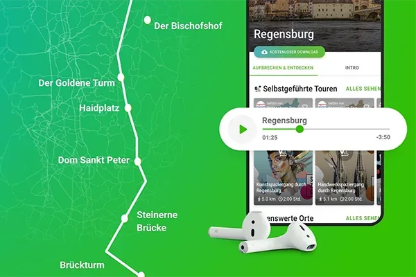 Grafische Darstellung einer digitalen Stadtführung durch Regensburg mit Stadtkarte, markierter Route zu Sehenswürdigkeiten, App-Ansicht auf einem Smartphone und kabellosen Kopfhörern.