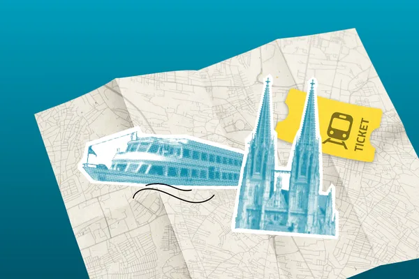Illustration des Regensburger Doms und eines Schiffs als Hinweis auf die Donau. Ein Zugticket steht für die Anreise, der Kartenhintergrund zeigt den Stadtplan.