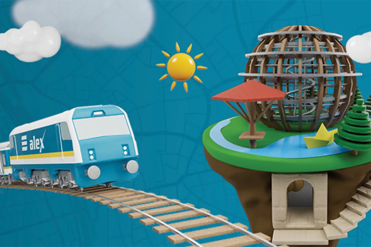 Grafik mit alex-Zug auf Gleisen, daneben Wahrzeichen von Schwandorf: Holzkugel, Aussichtspilz, Papierschiffchen und kleine Bäume.