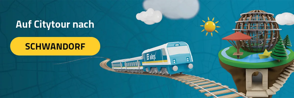 Grafik mit alex-Zug auf Gleisen, gelbem Button ‚SCHWANDORF‘, daneben Wahrzeichen von Schwandorf: Holzkugel, Aussichtspilz, Papierschiffchen und kleine Bäume.