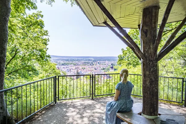 Person sitzt unter einem hölzernen Aussichtspilz und blickt auf die Stadt Schwandorf, umgeben von grünem Wald.