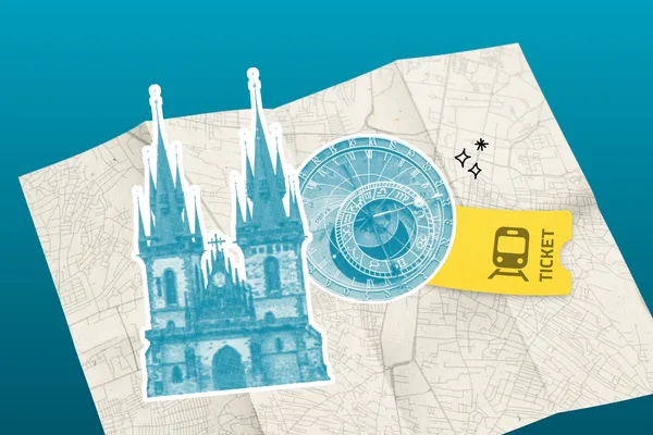 Darstellung des Prager Veitsdom und der astronomischen Uhr. Ein Ticket symbolisiert die Anreise mit dem Zug, der Hintergrund zeigt eine Stadtkarte.