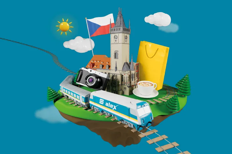 Illustration mit alex-Zug, Prager Turm, tschechischer Flagge, Kamera, gelber Einkaufstasche und Kaffeetasse.