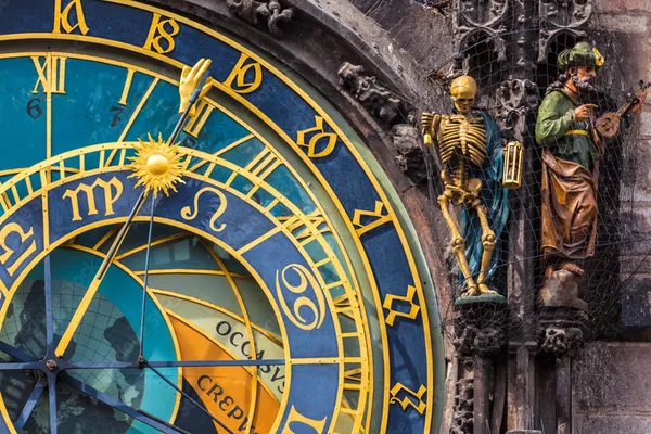 Nahaufnahme der Prager Astronomischen Uhr mit goldenen Ziffern und Figuren an der Fassade.