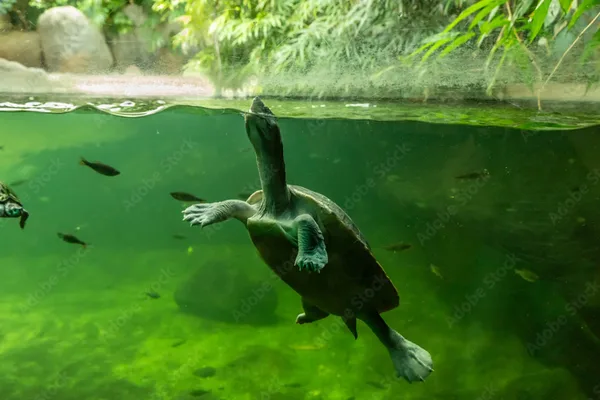 Schildkröte schwimmt knapp unter der Wasseroberfläche in einem grünen Aquarium mit Fischen.