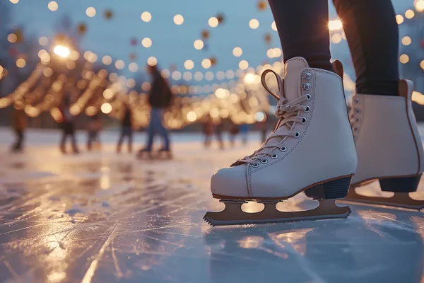 Nahaufnahme von weißen Schlittschuhen auf einer Eisfläche, im Hintergrund Lichterketten und Menschen.