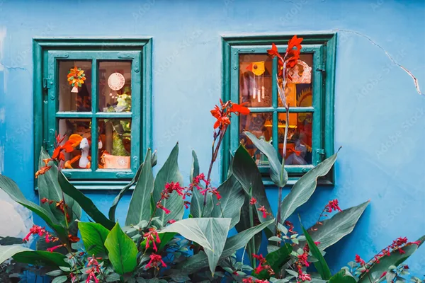 Blau gestrichene Hauswand mit zwei grünen Fenstern, roten Blumen und Dekorationen im Inneren.