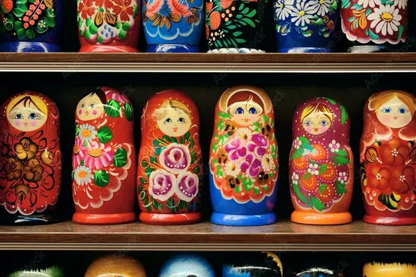 Regal mit farbenfrohen, handbemalten russischen Puppen in verschiedenen Größen.