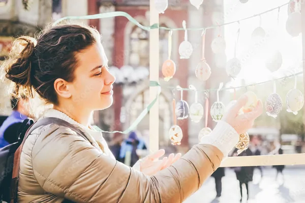 Person betrachtet handbemalte Ostereier an einem Marktstand bei hellem Sonnenlicht.