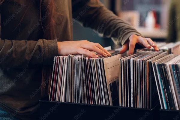Person blättert durch eine Sammlung von Vinyl-Schallplatten in einem Plattenladen.