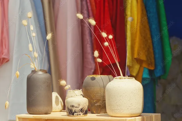 Keramikvasen mit Trockenblumen vor bunten Stoffen auf einem Marktstand.