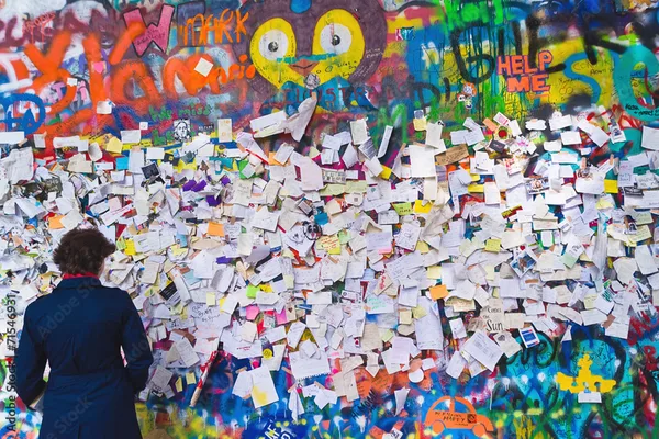 Bunte Graffiti-Wand mit zahlreichen Zetteln und Botschaften, davor eine Person in dunklem Mantel.